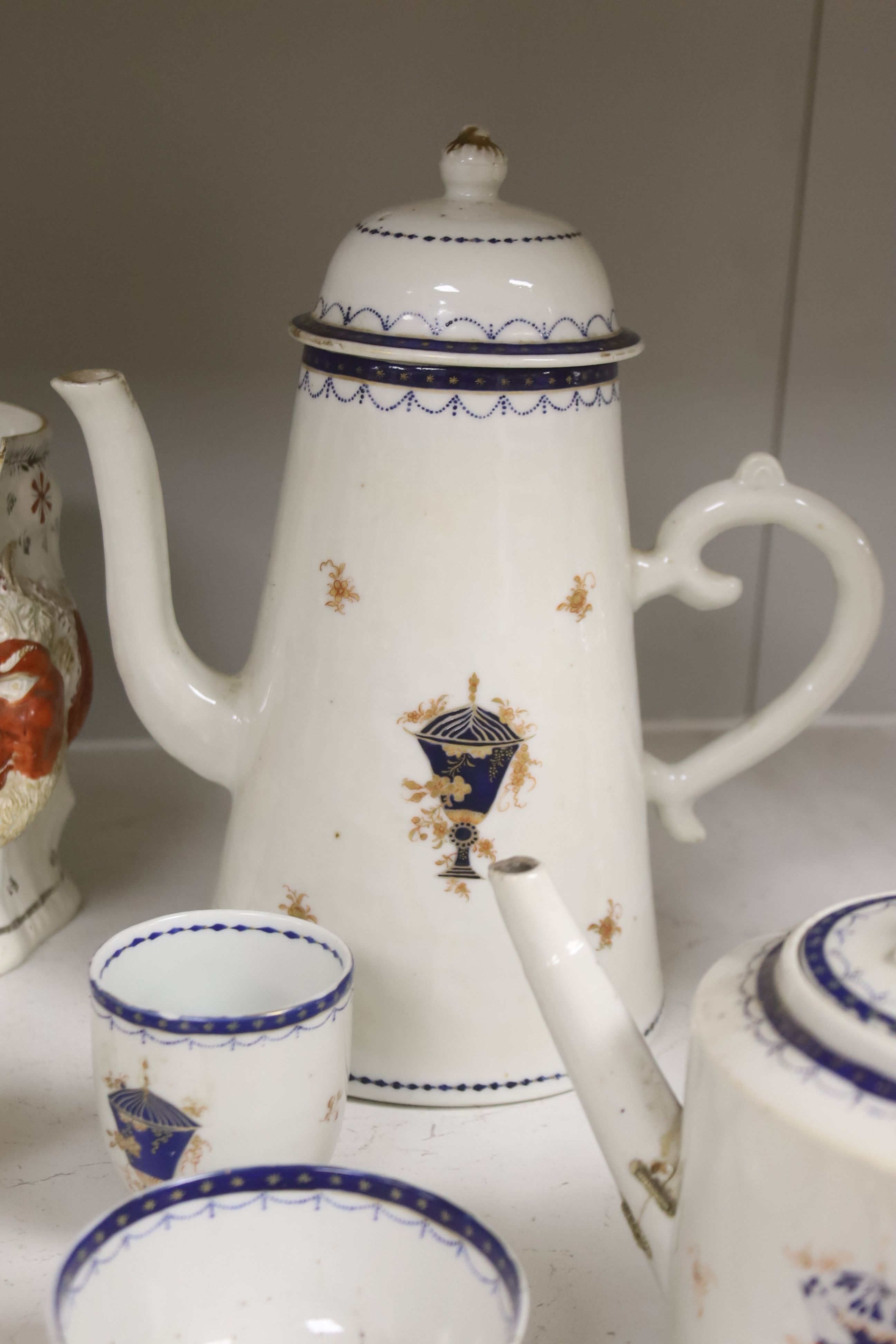 A Chinese enamelled porcelain part tea and coffee set, Jiaqing period, and quantity of 19th century mixed ceramics, tallest 26cm